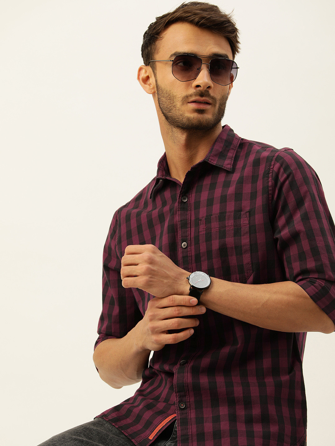 

SINGLE Men Maroon And Navy Blue Slim Fit Buffalo Checked Pure Cotton Casual Shirt