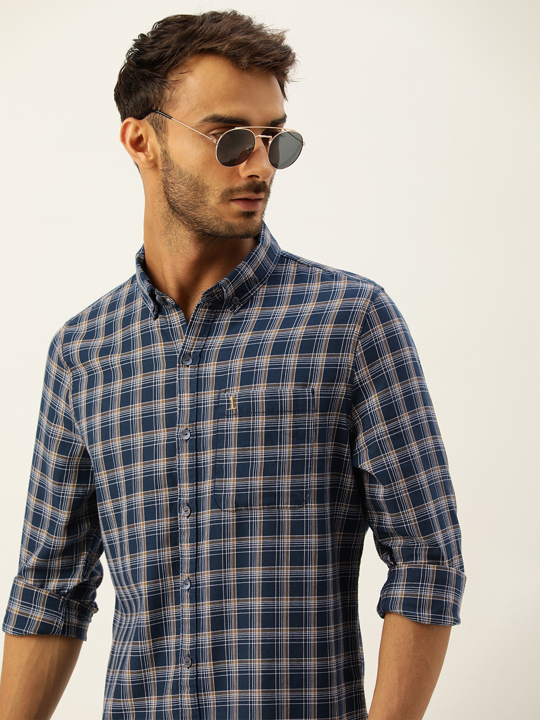 

SINGLE Men Blue And Khaki Slim Fit Tartan Checked Pure Cotton Casual Shirt