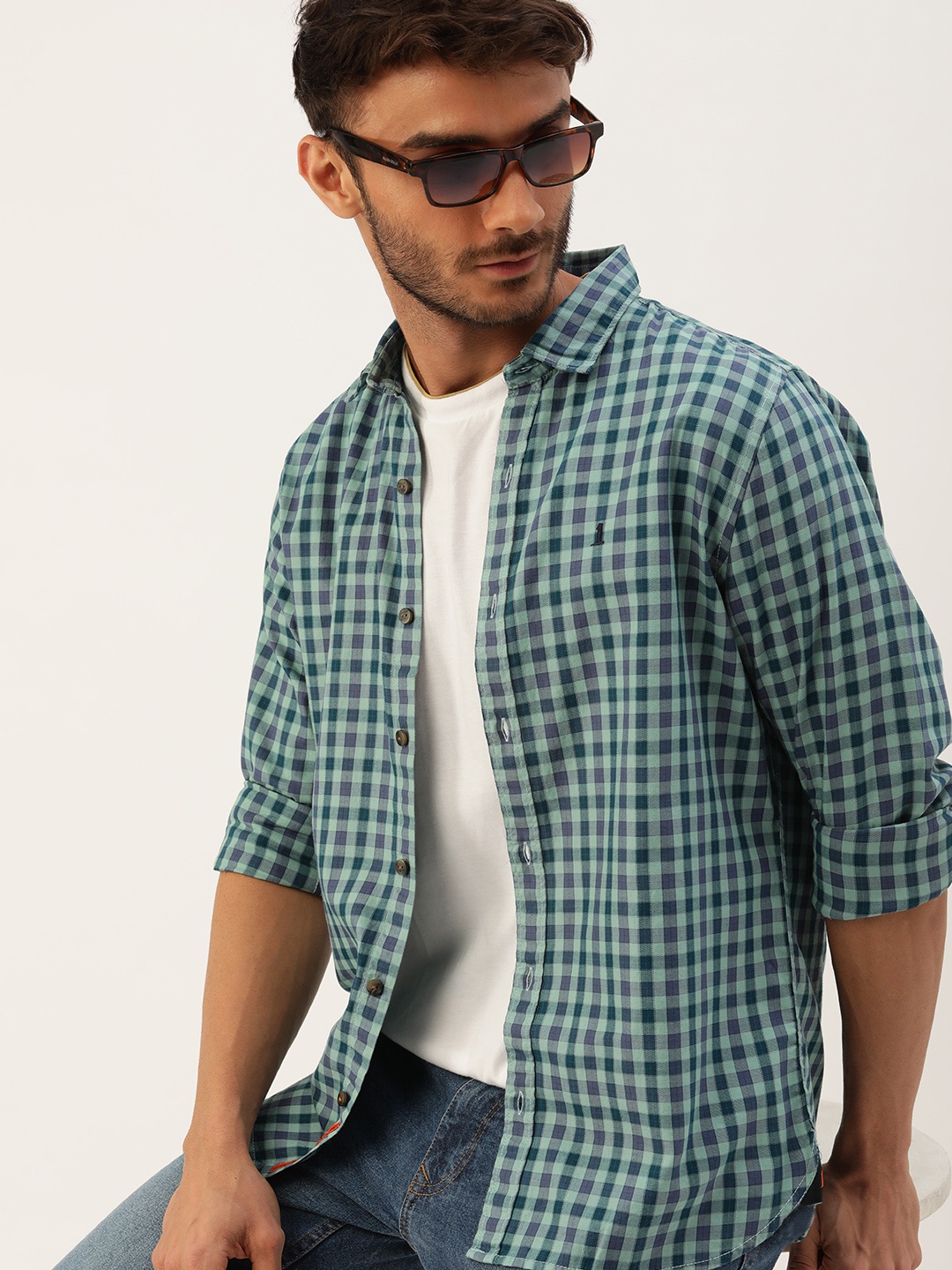 

SINGLE Men Blue & Green Slim Fit Checked Casual Pure Cotton Shirt