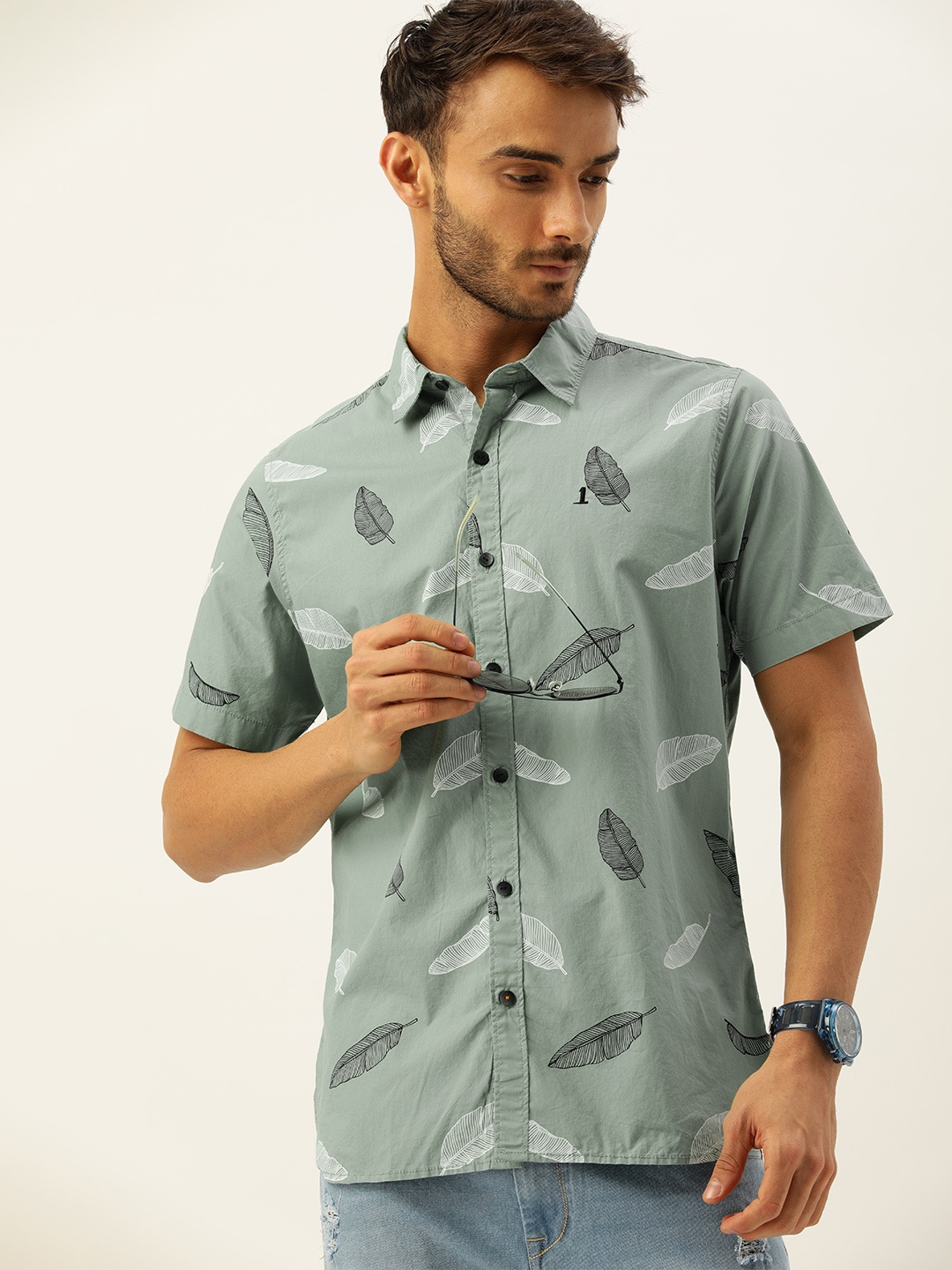 

SINGLE Men Olive Green Slim Fit Floral Printed Casual Shirt