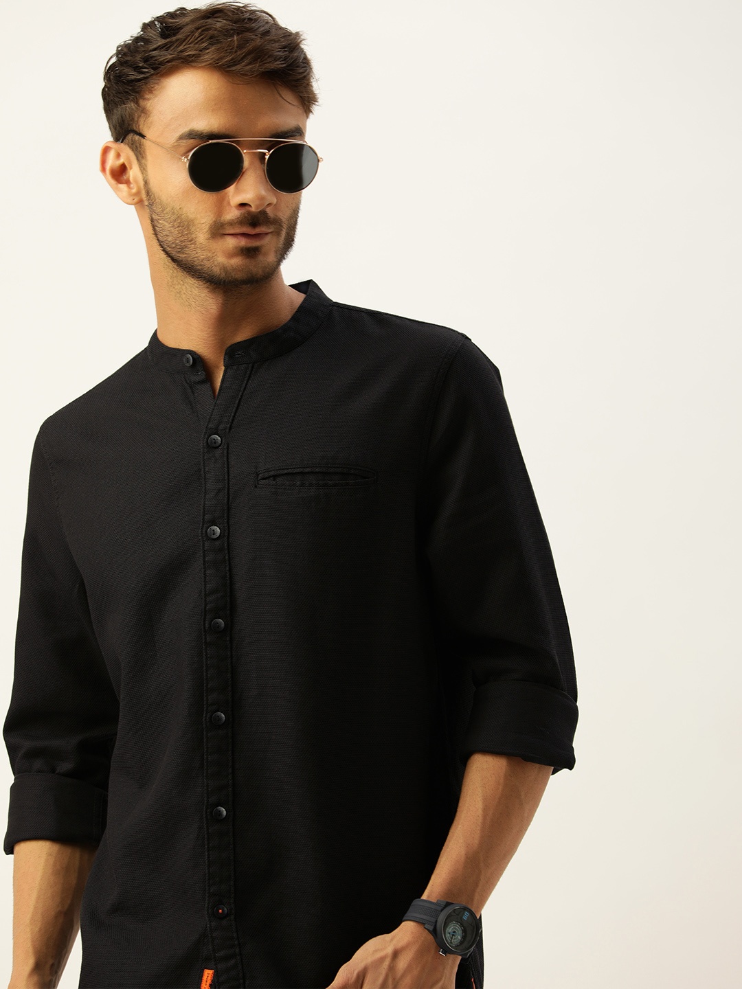 

SINGLE Men Black Self- Design Pure Cotton Slim Fit Casual Shirt