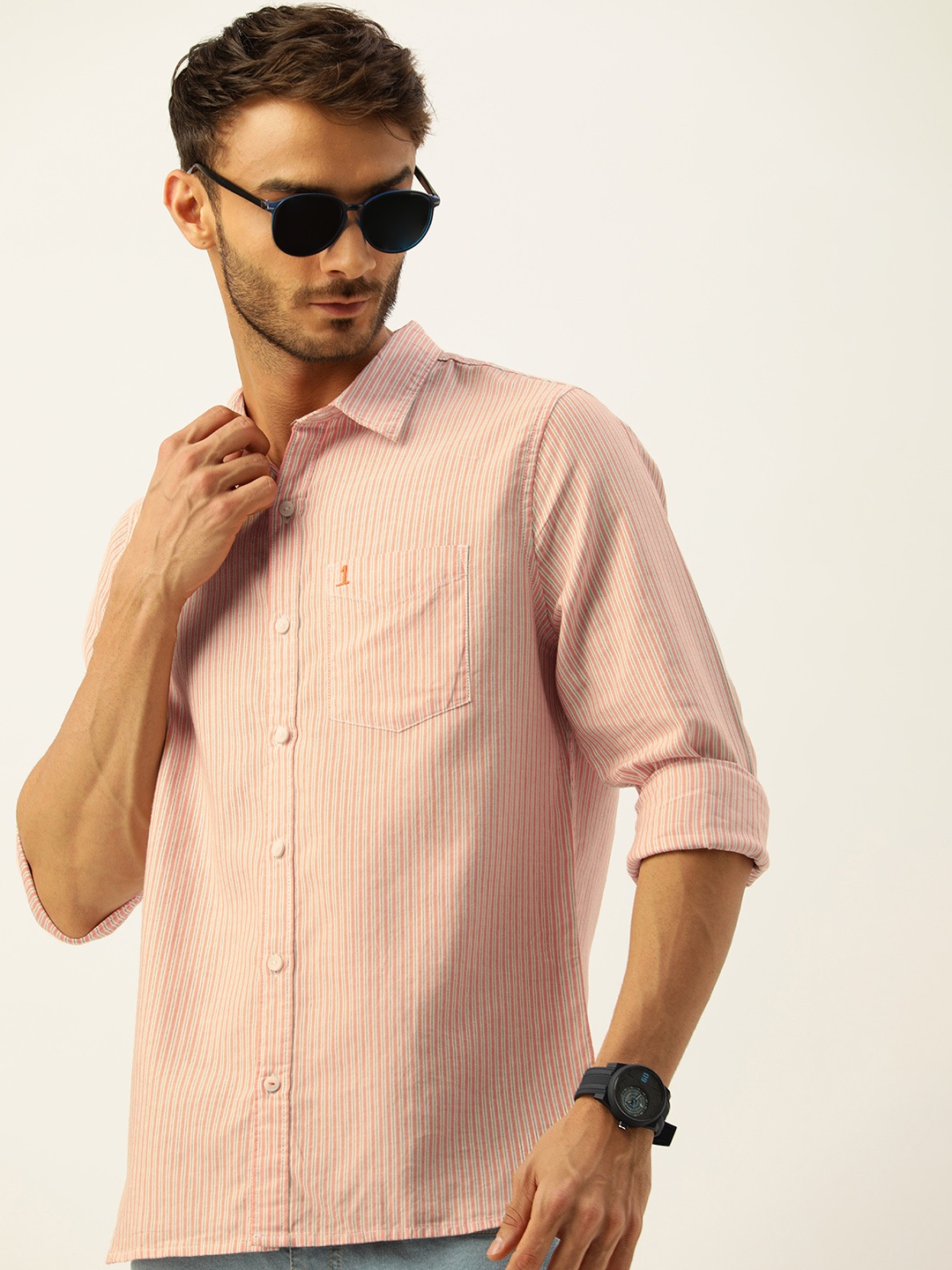 

SINGLE Men Orange & White Striped Slim Fit Pure Cotton Casual Shirt