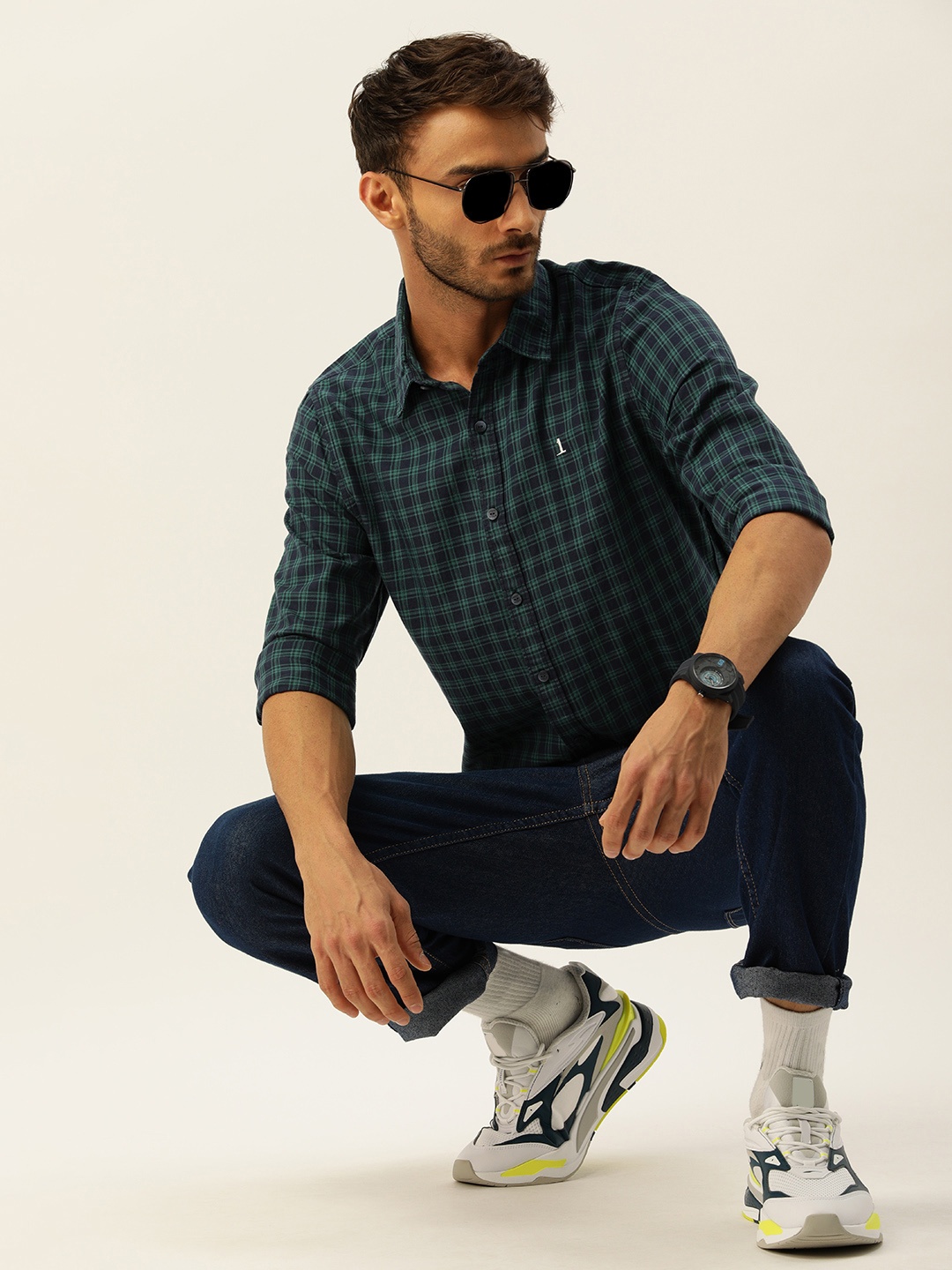 

SINGLE Men Green & Navy Blue Checked Slim Fit Pure Cotton Casual Shirt