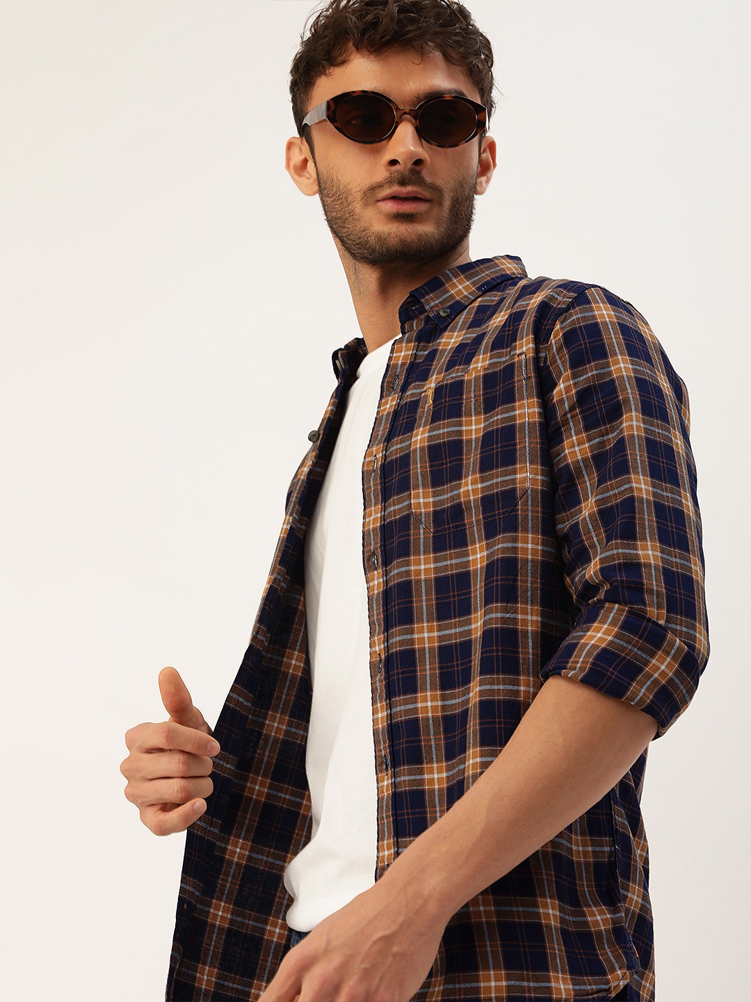 

SINGLE Men Navy Blue & Rust Slim Fit Checked Casual Pure Cotton Shirt