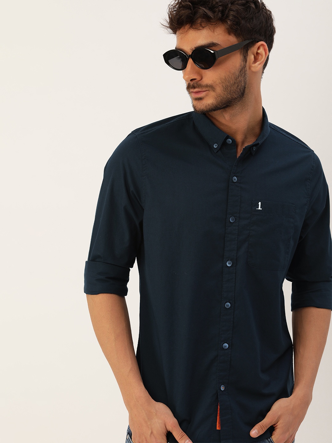 

SINGLE Men Navy Blue Solid Slim Fit Casual Pure Cotton Shirt