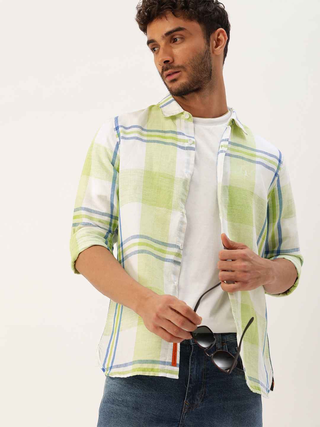 

SINGLE Men Green & Blue Slim Fit Checked Casual Shirt