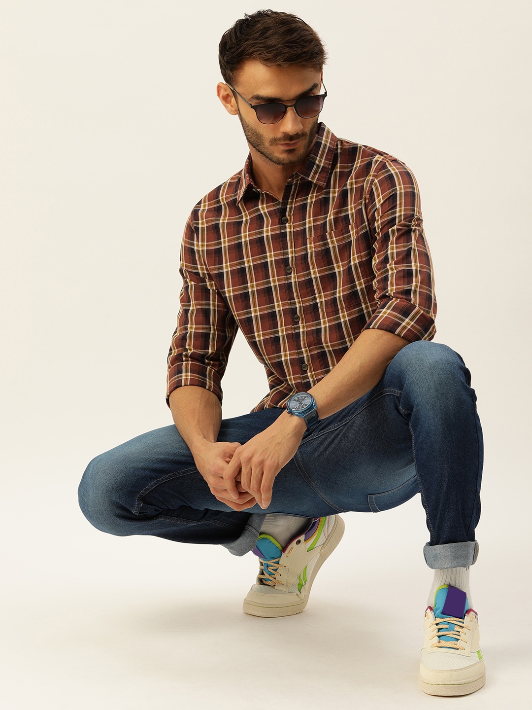 

SINGLE Men Brown And Olive Green Slim Fit Tartan Checked Pure Cotton Casual Shirt