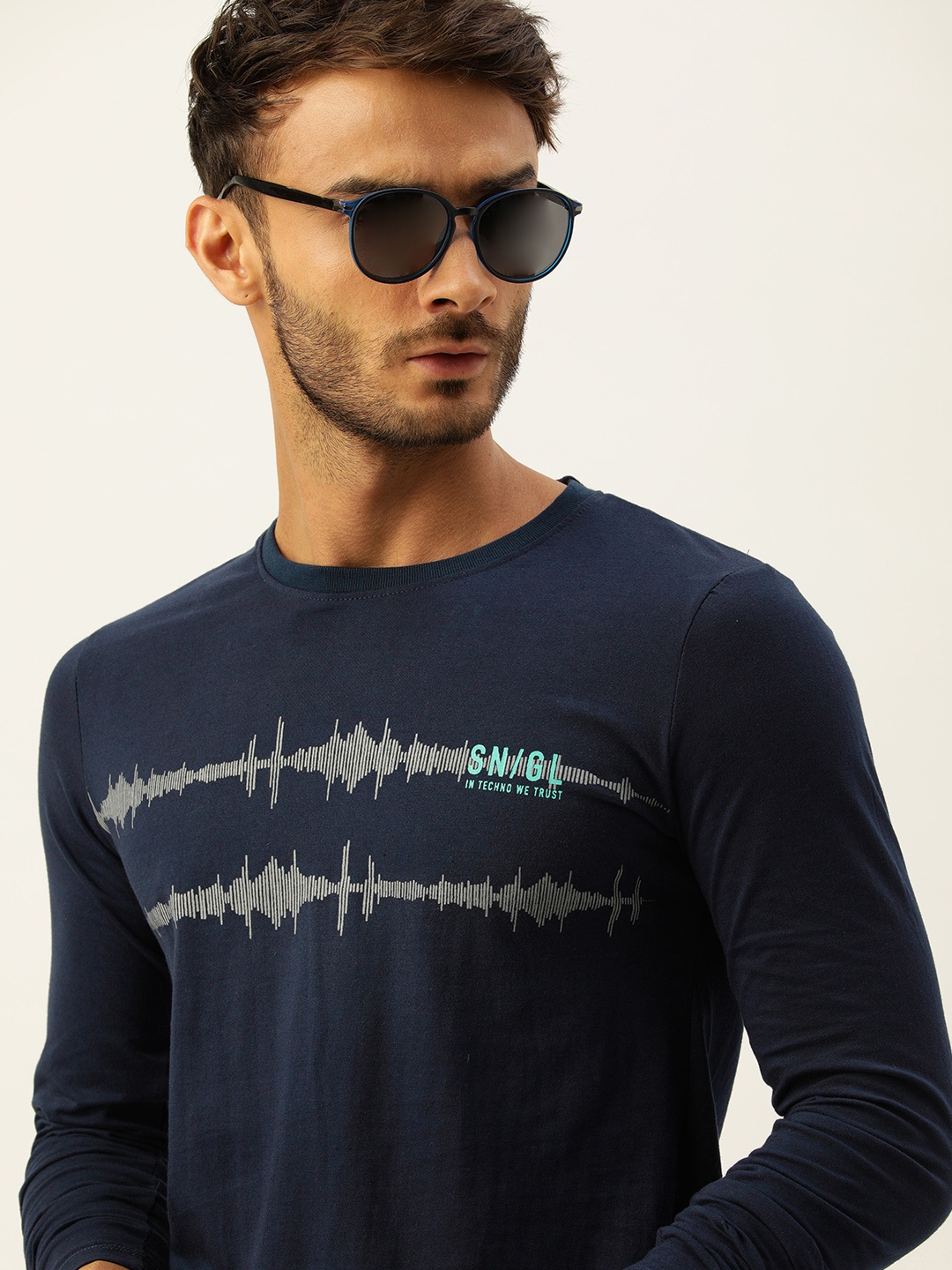 

SINGLE Men Navy Blue Printed Pure Cotton Slim Fit T-shirt