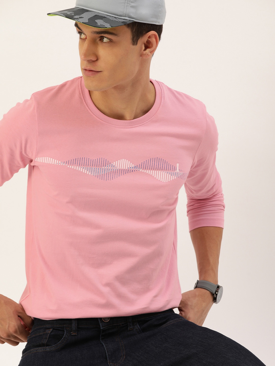 

SINGLE Men Pink & White Printed Pure Cotton Slim Fit T-shirt