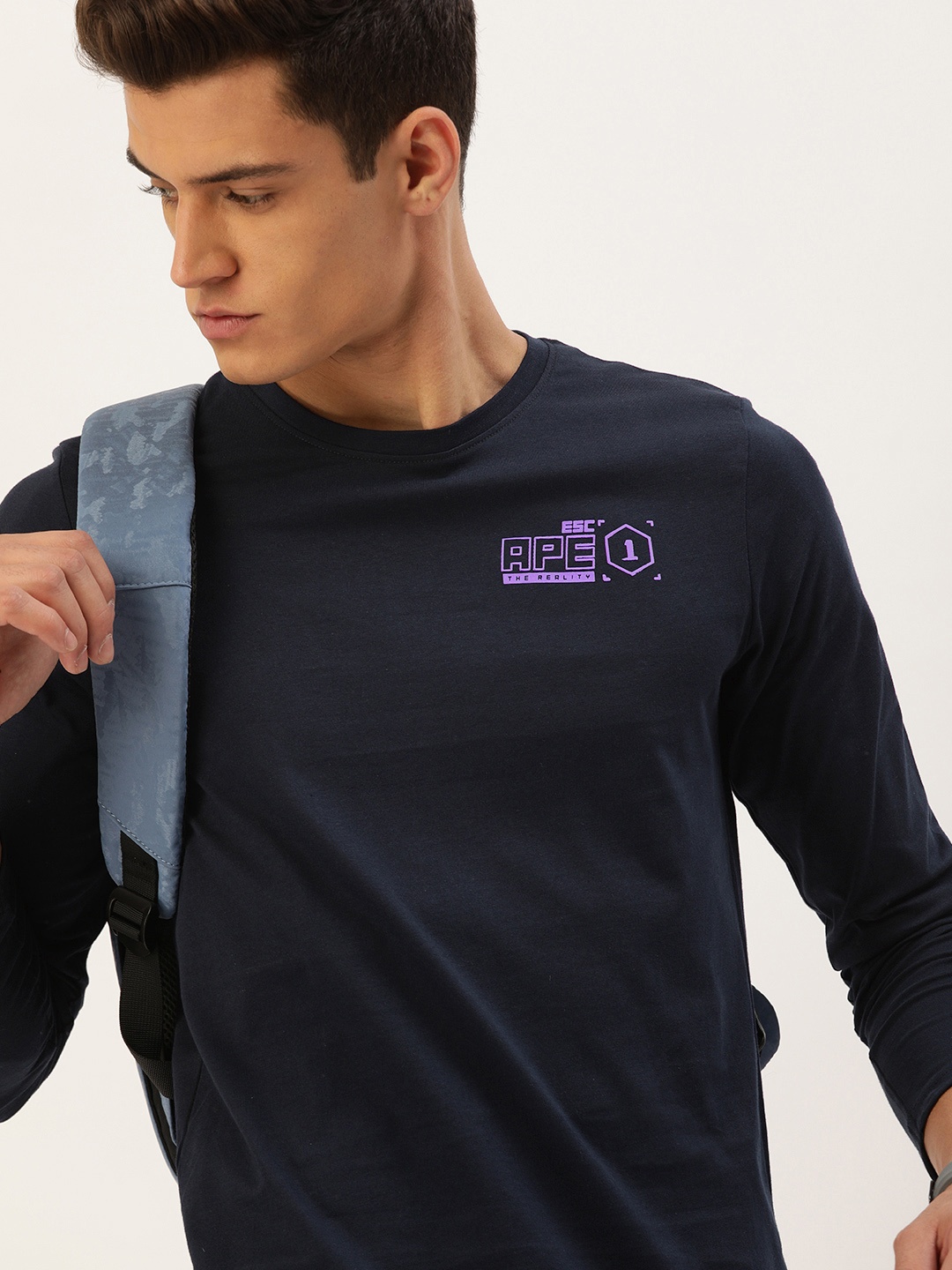 

SINGLE Men Navy Blue & Purple Printed Pure Cotton Slim Fit T-shirt