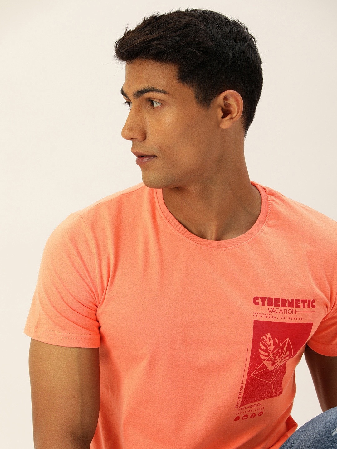 

SINGLE Men Orange Printed Slim Fit Pure Cotton T-shirt