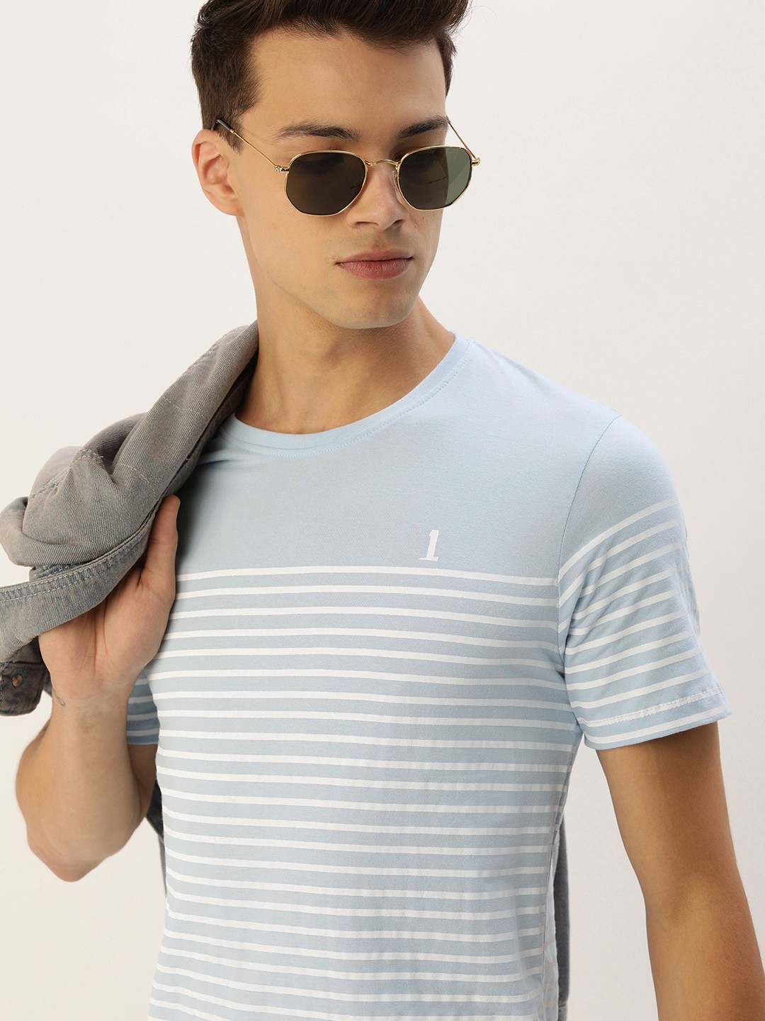 

SINGLE Men Blue Striped Pure Cotton T-shirt