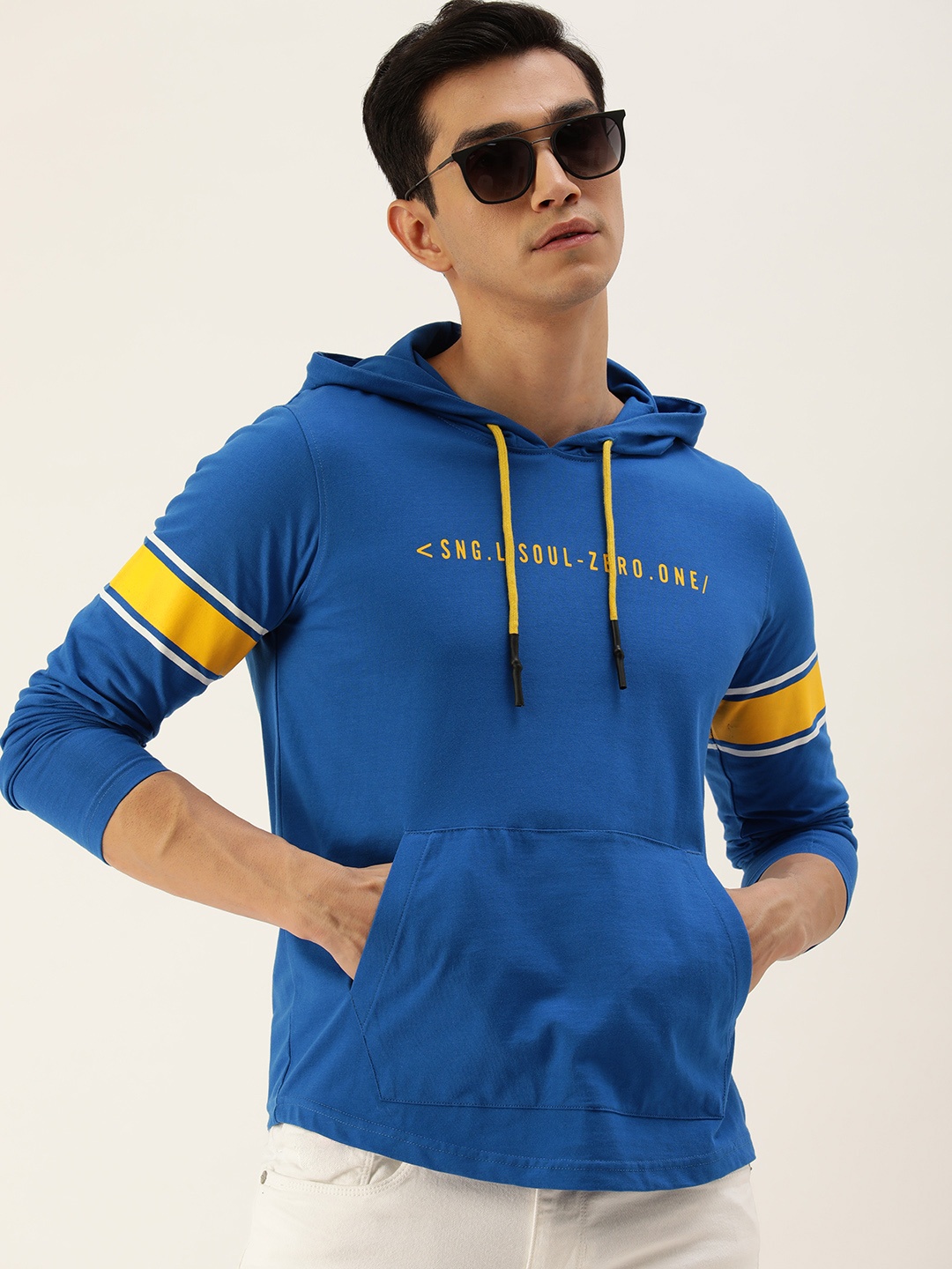 

SINGLE Men Blue & Yellow Typography Printed Pure Cotton Slim Fit T-shirt