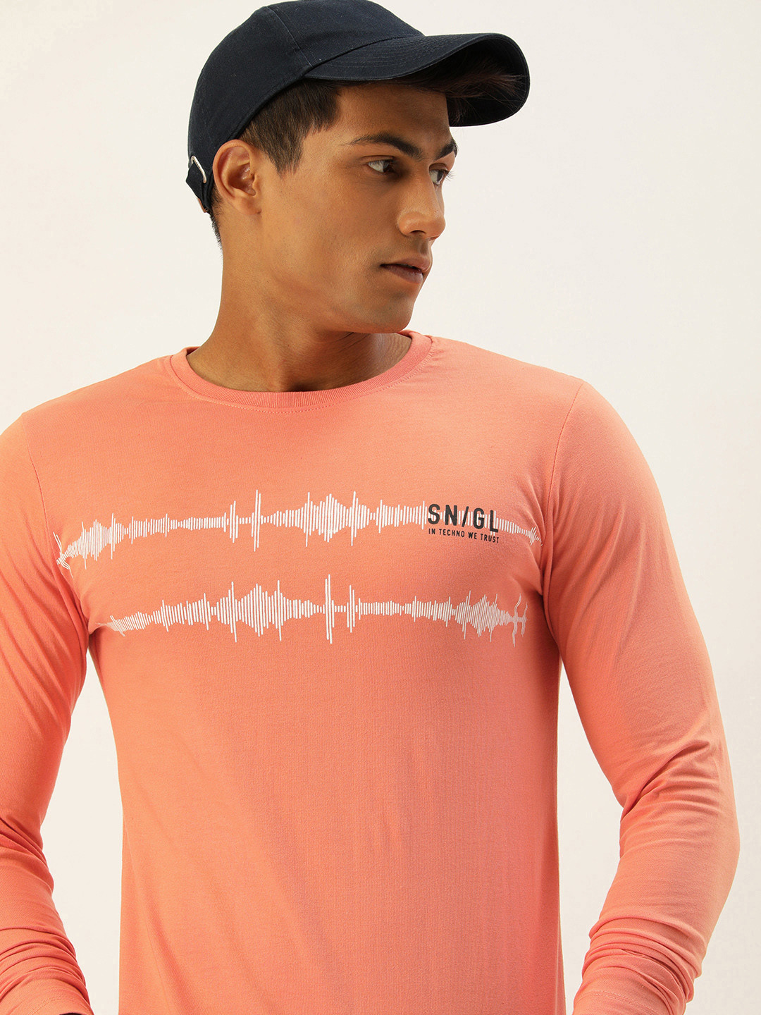 

SINGLE Men Orange Printed Slim Fit Pure Cotton T-shirt