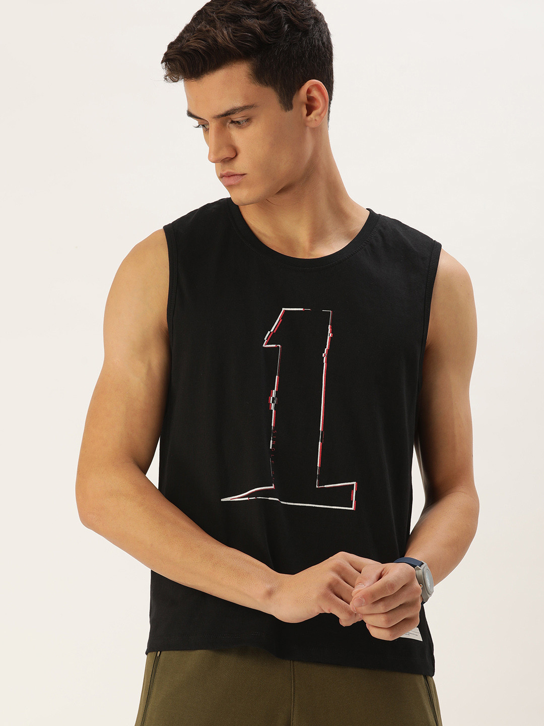 

SINGLE Men Black & Red Varsity Printed Slim Fit Pure Cotton Sleevless T-shirt