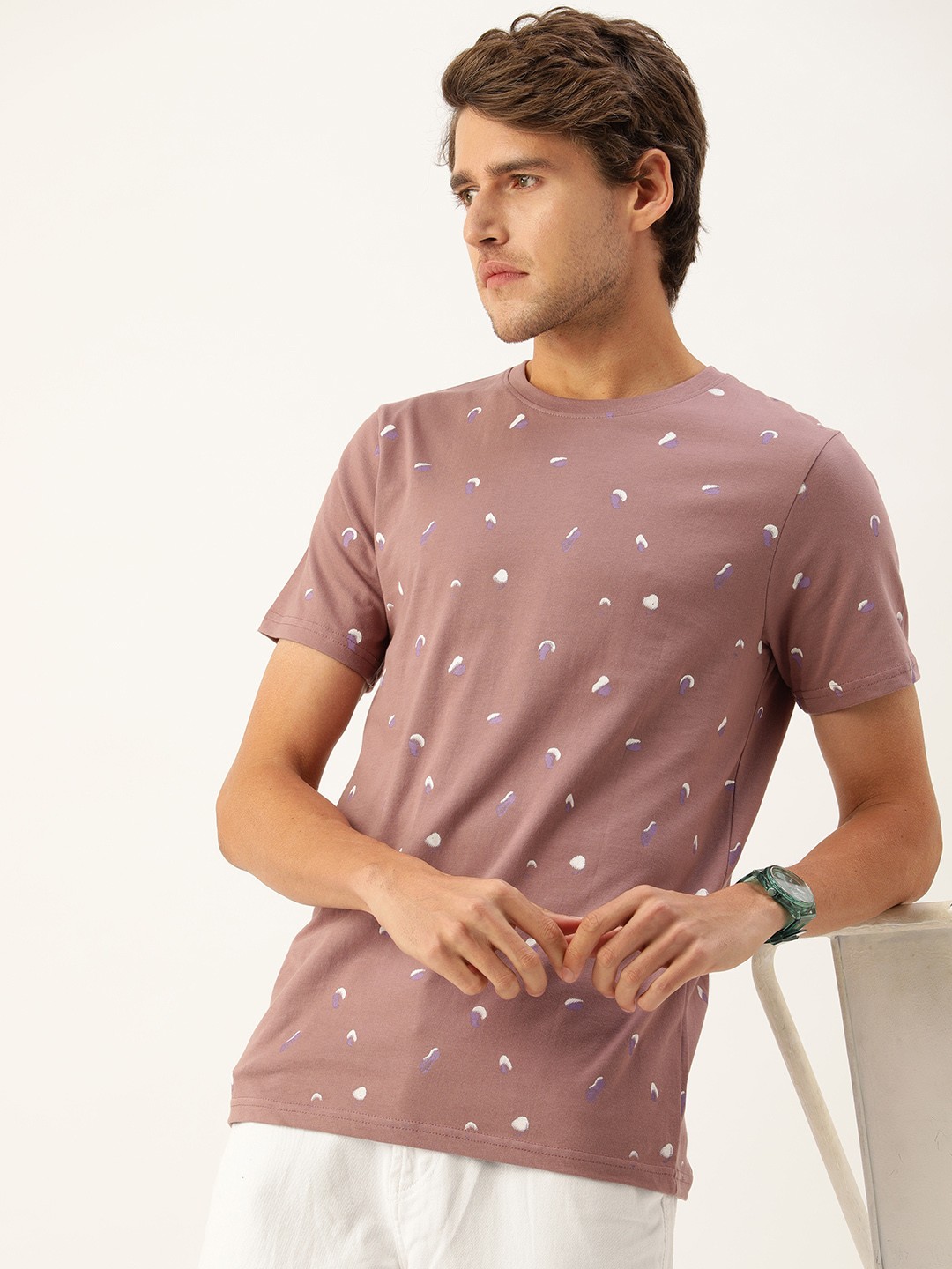 

SINGLE Men Pink & White Printed Slim Fit Pure Cotton T-shirt