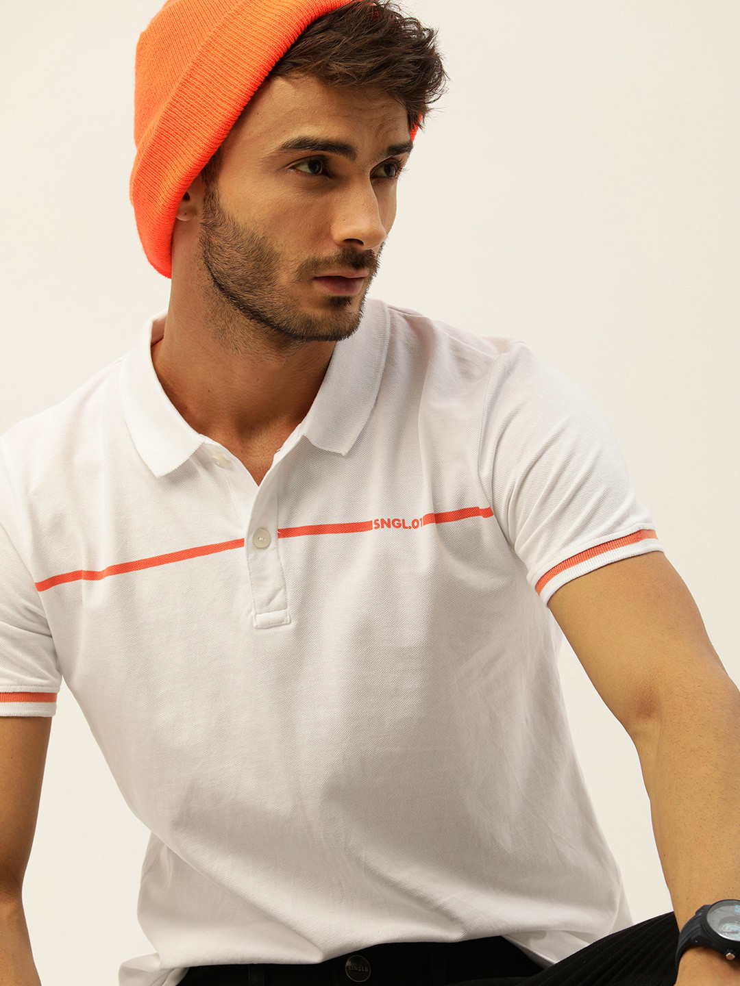 

SINGLE Men White & Orange Striped Polo Collar Pure Cotton T-shirt