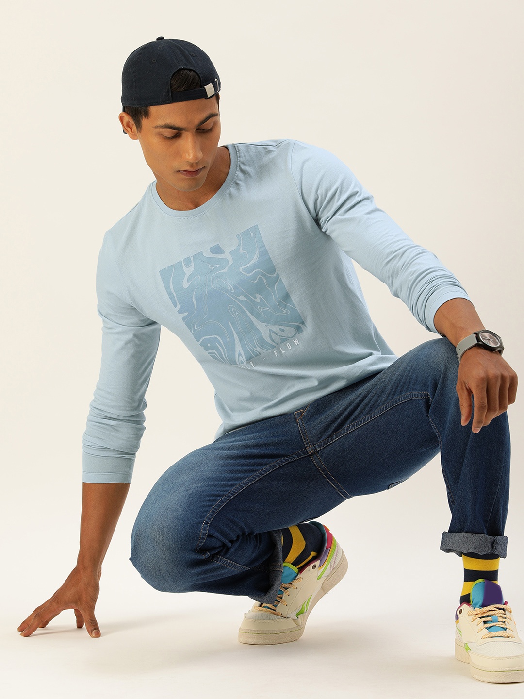 

SINGLE Men Blue Printed Slim Fit Pure Cotton T-shirt