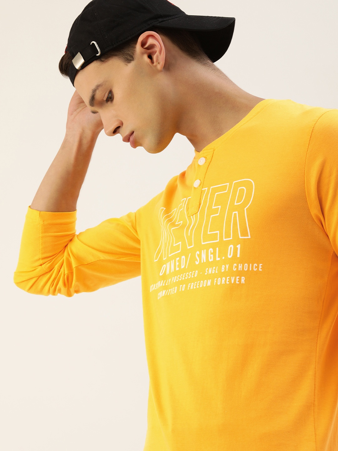 

SINGLE Men Yellow Typography Printed Pure Cotton T-shirt