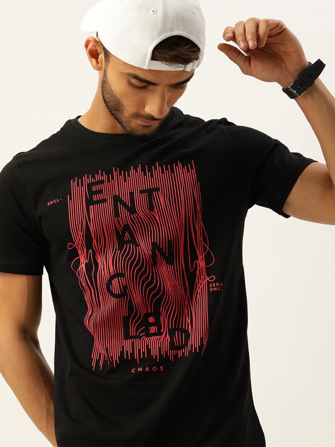 

SINGLE Men Black Typography Printed Pure Cotton T-shirt