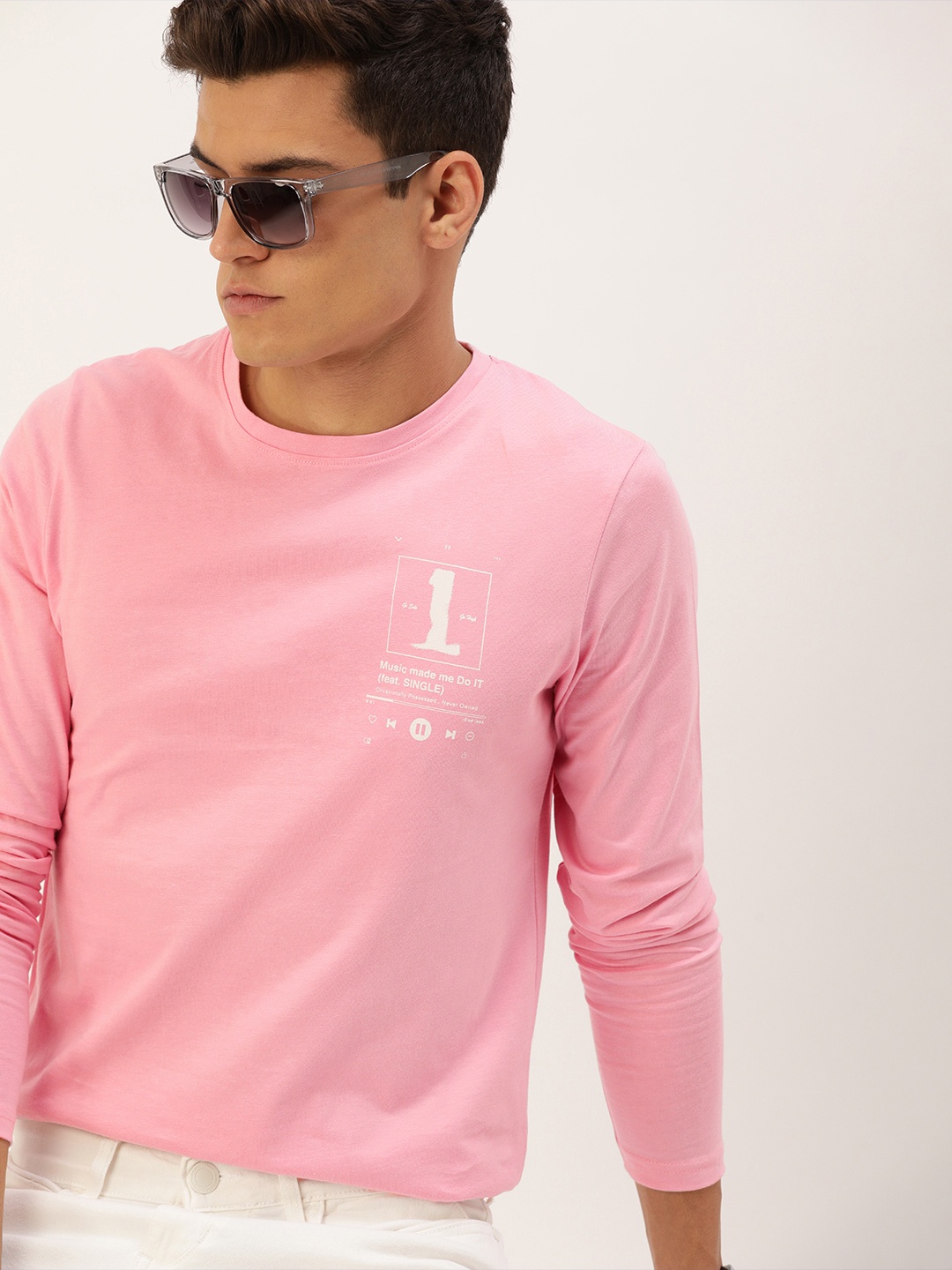 

SINGLE Men Pink & White Typography Printed Slim Fit Pure Cotton T-shirt