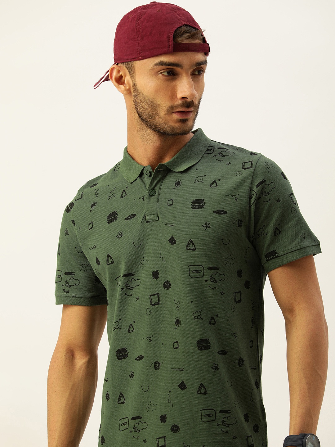 

SINGLE Men Olive Green & Black Printed Polo Collar Pure Cotton T-shirt