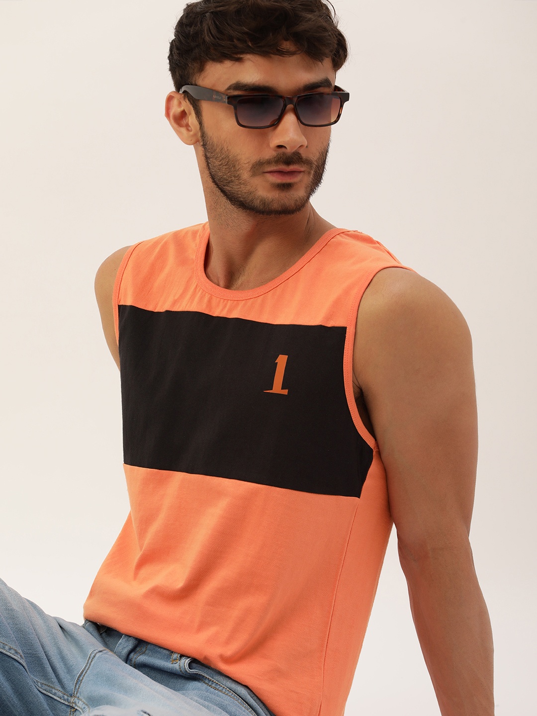 

SINGLE Men Orange & Black Colourblocked Slim Fit Pure Cotton T-shirt
