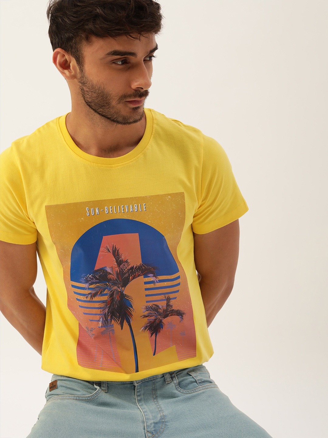 

SINGLE Men Yellow Printed Slim Fit Pure Cotton T-shirt