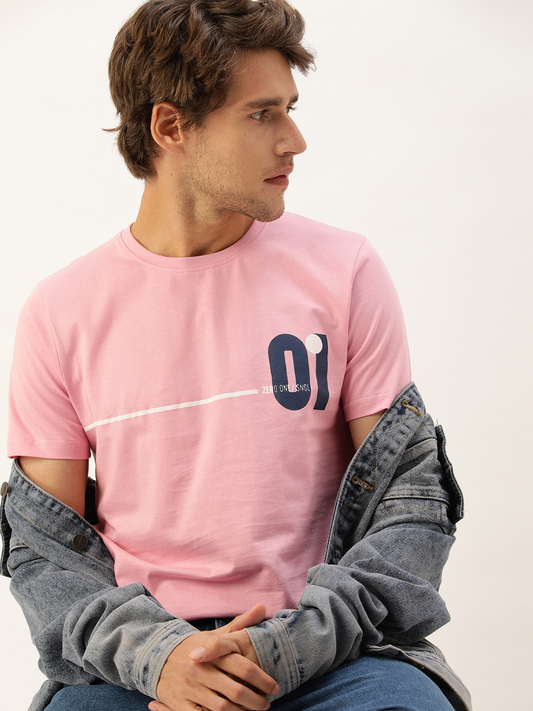 

SINGLE Men Pink Typography Printed Slim Fit Pure Cotton T-shirt