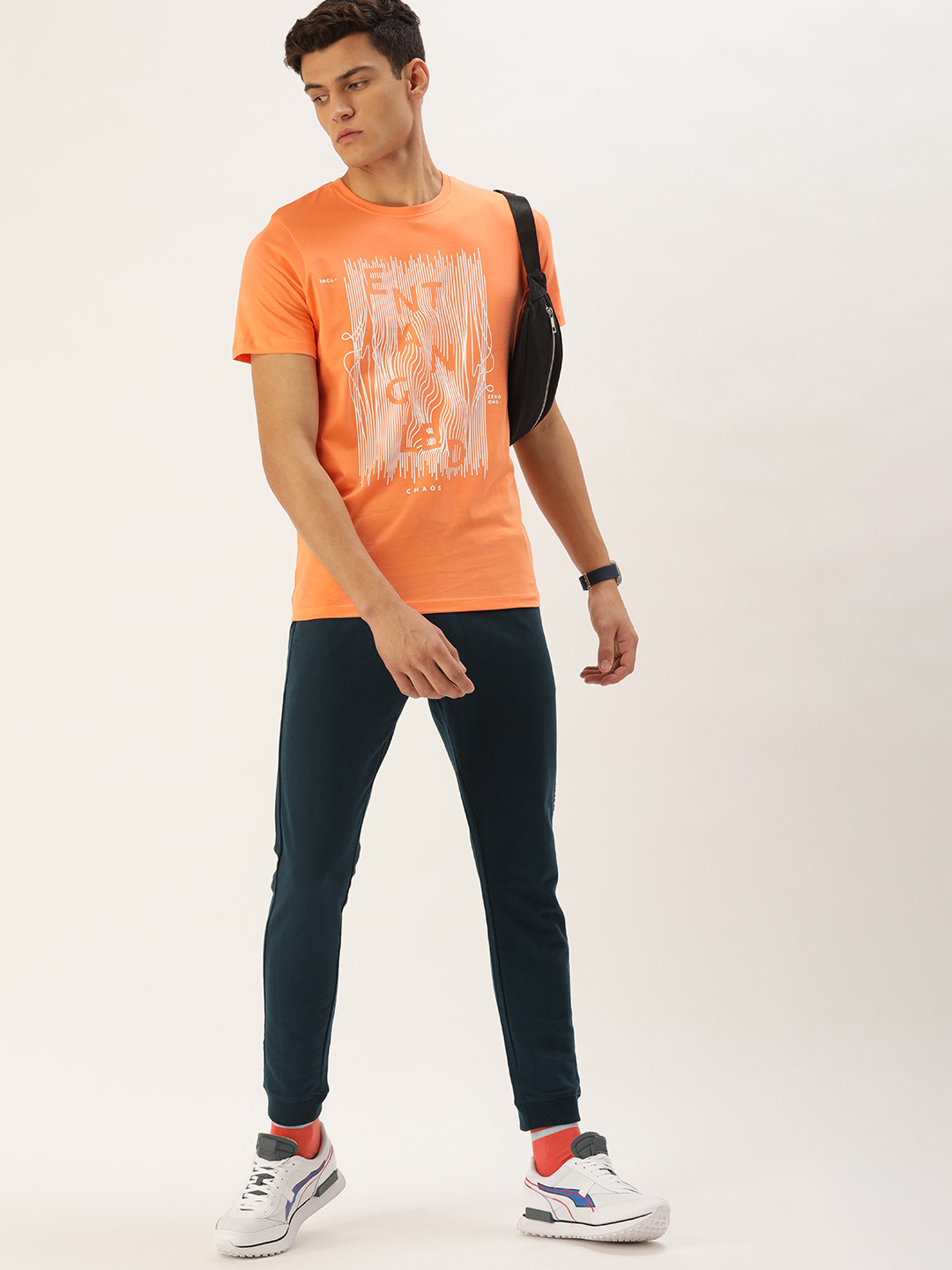 

SINGLE Men Orange & White Printed Pure Cotton T-shirt