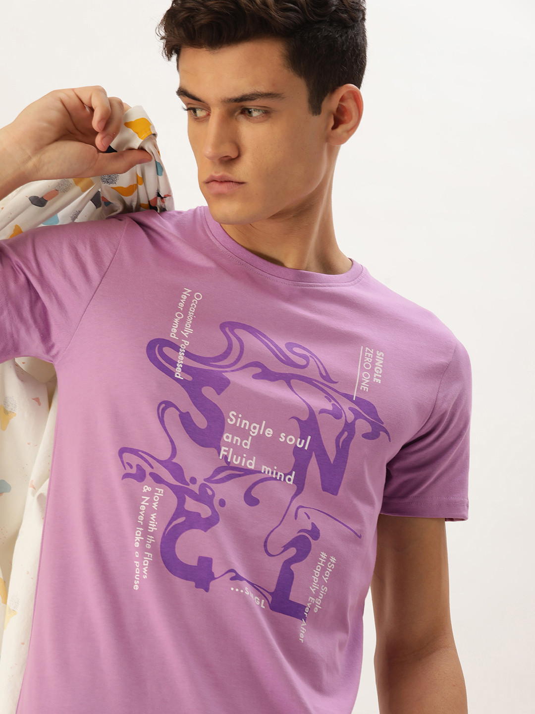 

SINGLE Men Purple Typography Printed Pure Cotton Slim Fit T-shirt