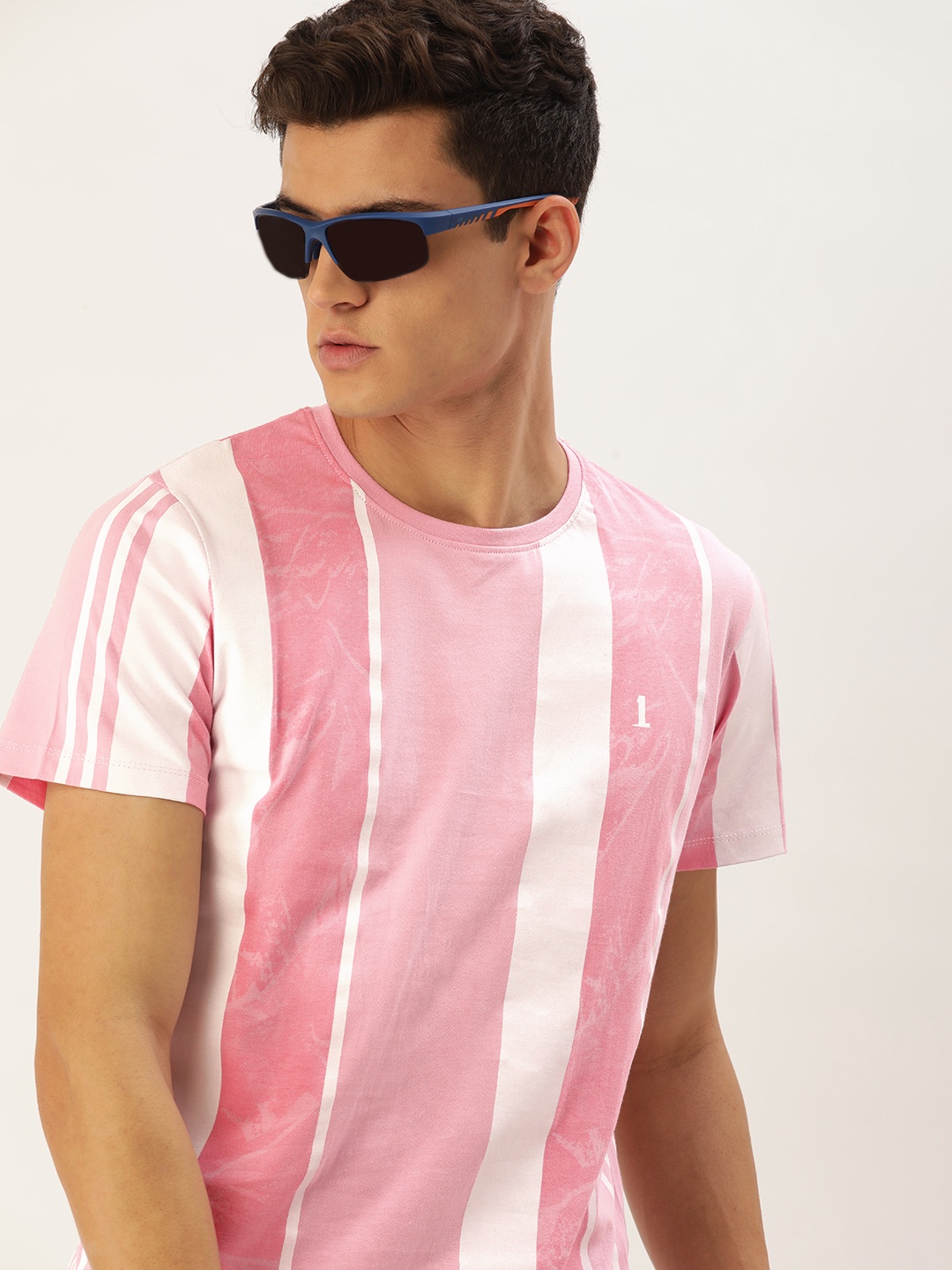 

SINGLE Men Pink & White Striped Pure Cotton T-shirt