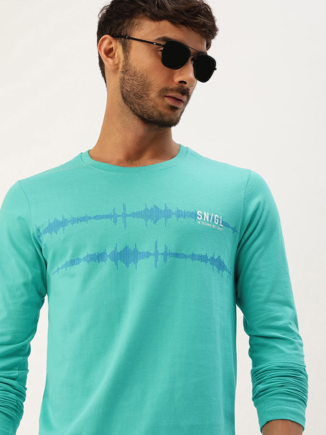 

SINGLE Men Blue Printed Pure Cotton Slim Fit T-shirt