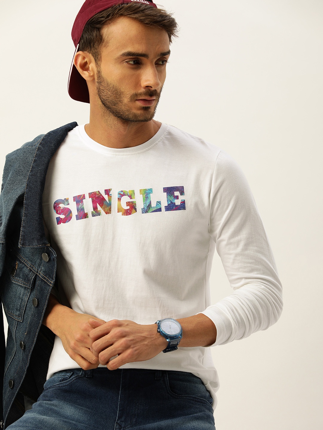 

SINGLE Men White Printed Pure Cotton Slim Fit T-shirt