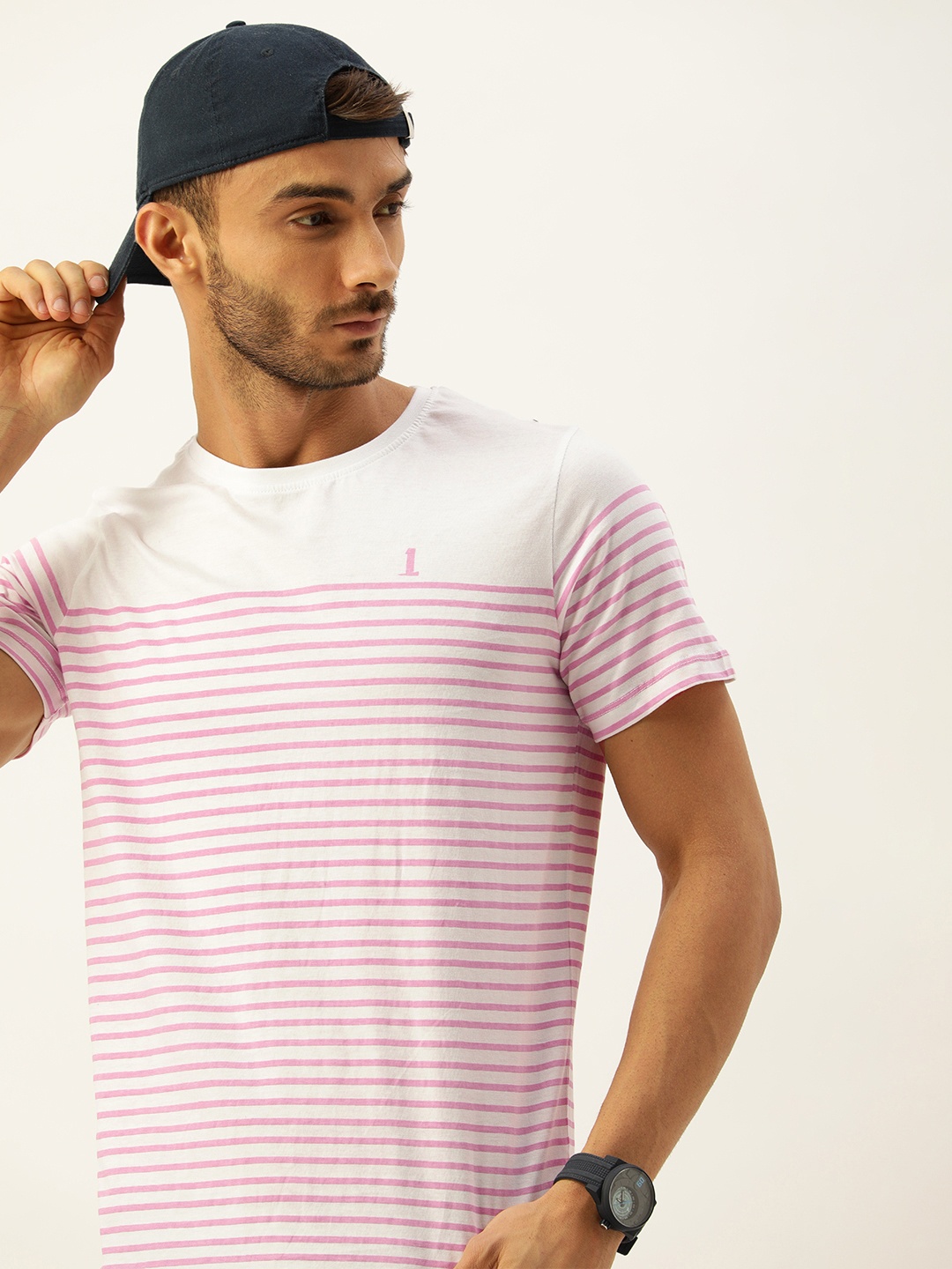 

SINGLE Men White & Pink Striped Pure Cotton T-shirt