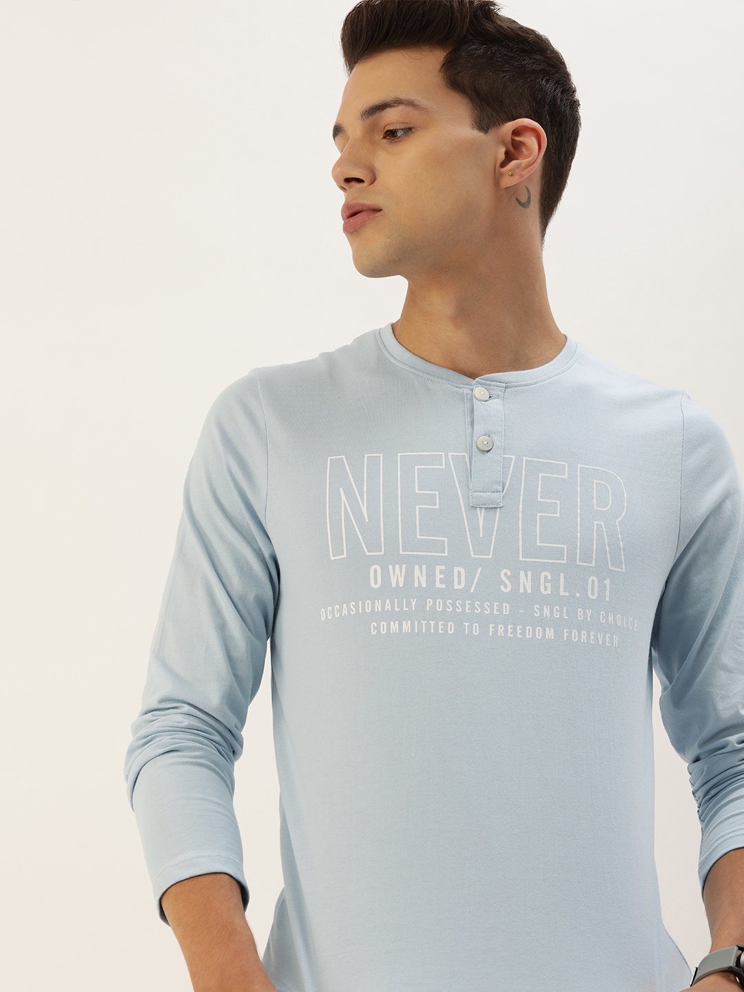

SINGLE Men Blue Typography Printed Pure Cotton T-shirt