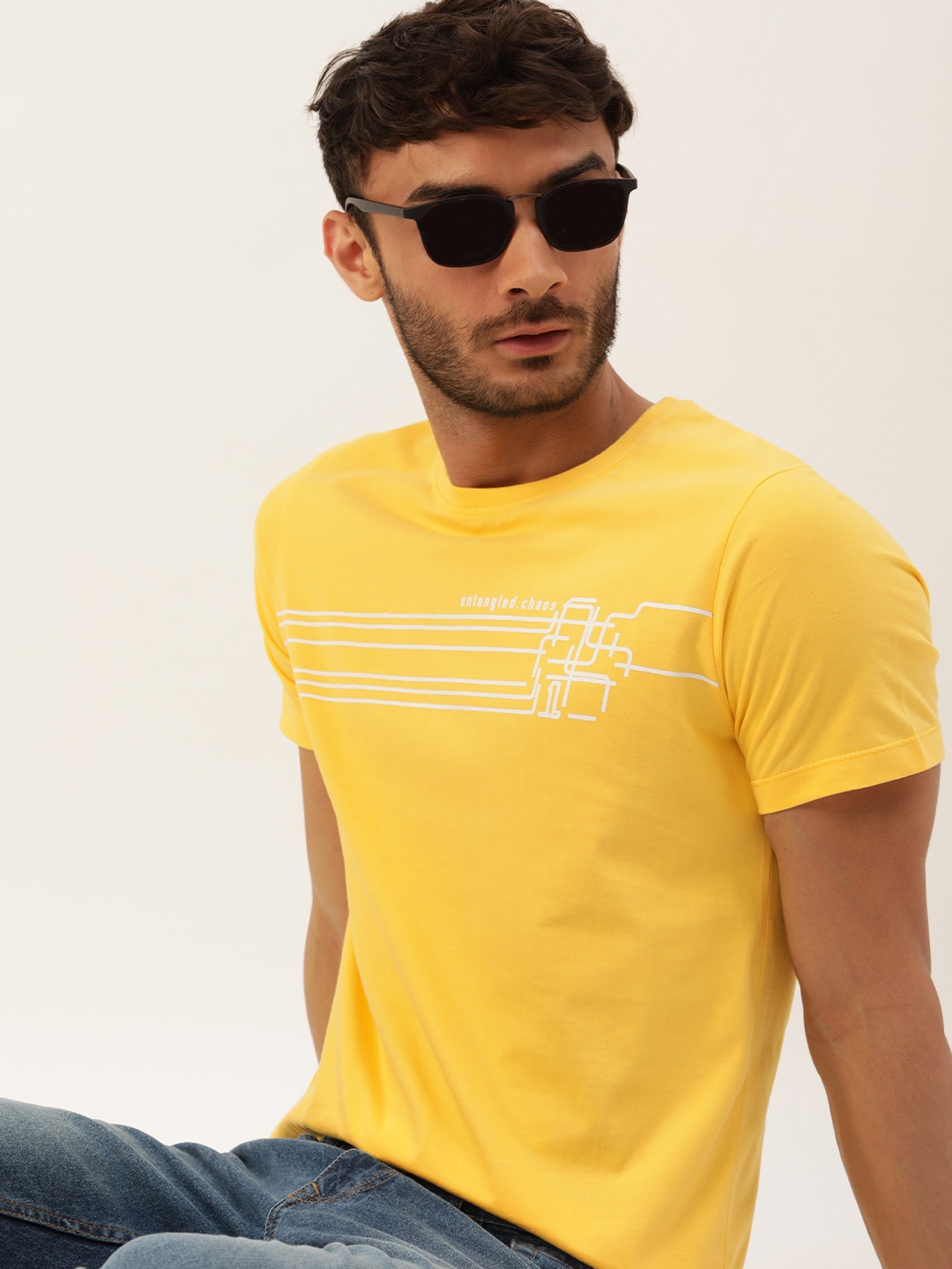 

SINGLE Men Yellow Printed Pure Cotton Slim Fit T-shirt