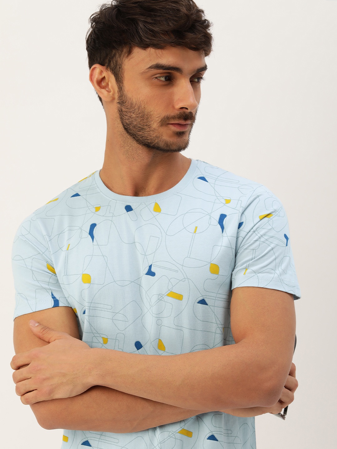 

SINGLE Men Blue & Grey Printed Pure Cotton Slim Fit T-shirt