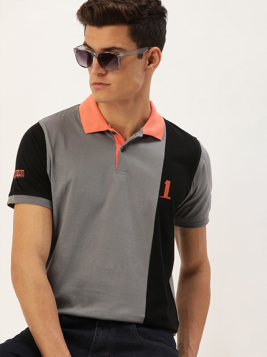 

SINGLE Men Grey & Black Colourblocked Polo Collar Pure Cotton Slim Fit T-shirt