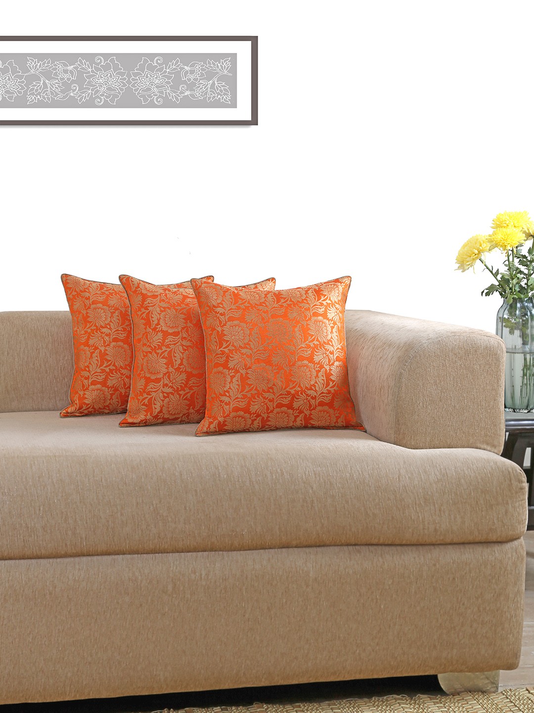 

ANS Orange Set of 3 Patterned 16" X 16" Jacquard Square Cushion Covers