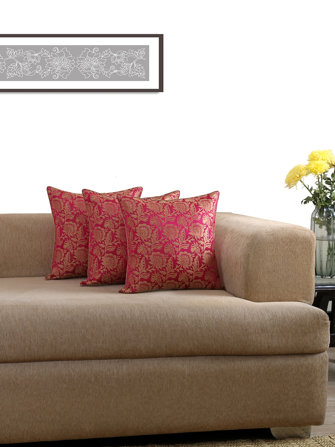 

ANS Pink Set of 3 Jacquard 16'' x 16'' Square Cushion Covers