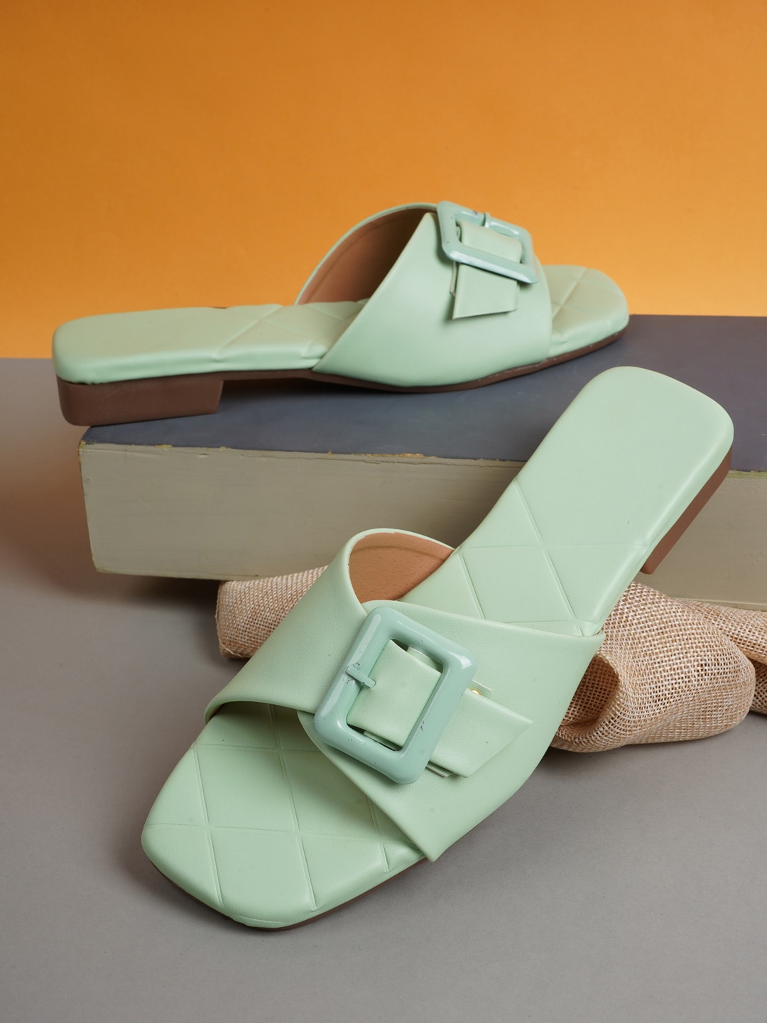 

SAPATOS Women Green Open Toe Flats with Buckles
