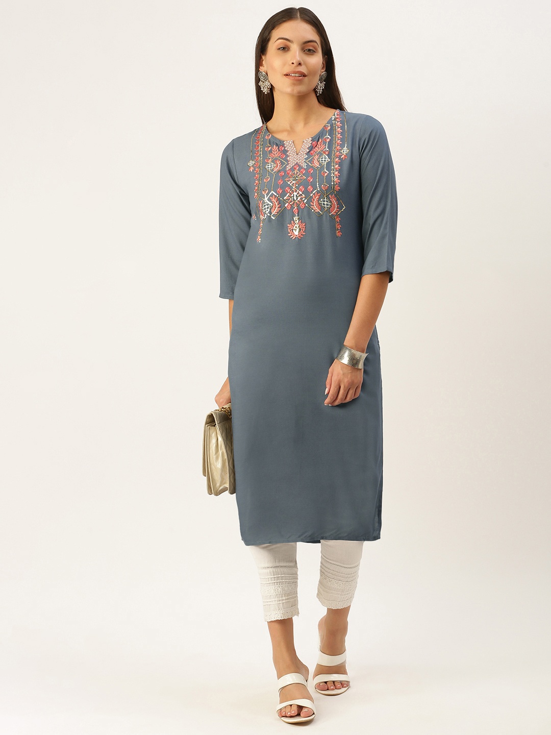 

RangDeep Women Grey Thread Work Yoke Design Kurta