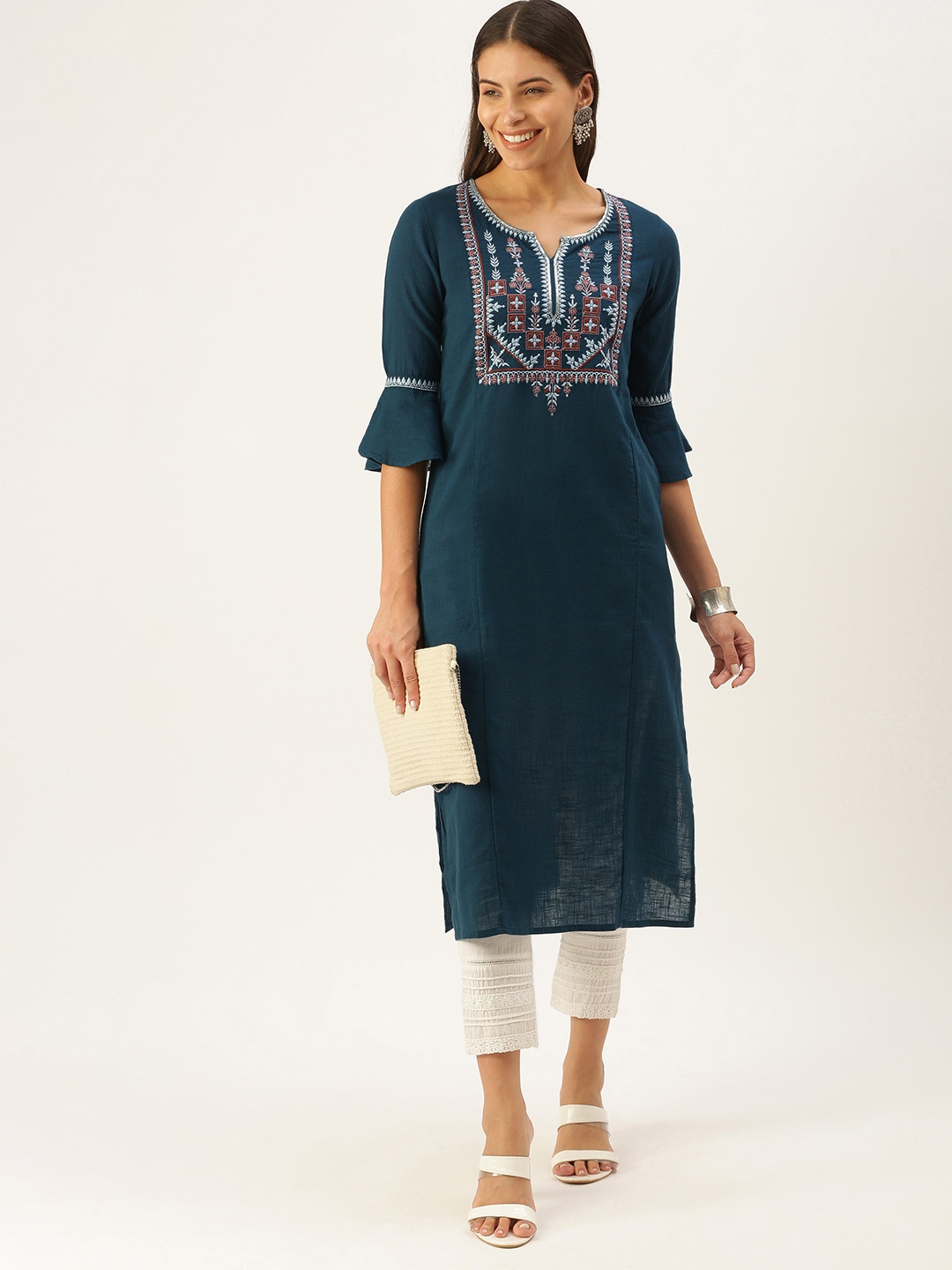 

RangDeep Women Teal Blue Thread Work Yoke Design Kurta