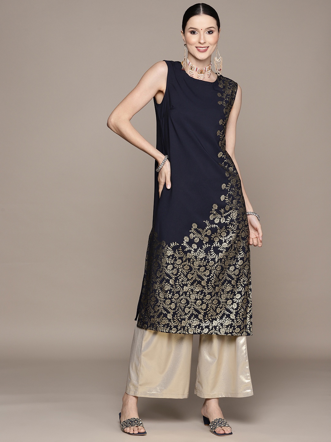 

ZIYAA Women Navy Blue Floral Printed Floral Crepe Kurta