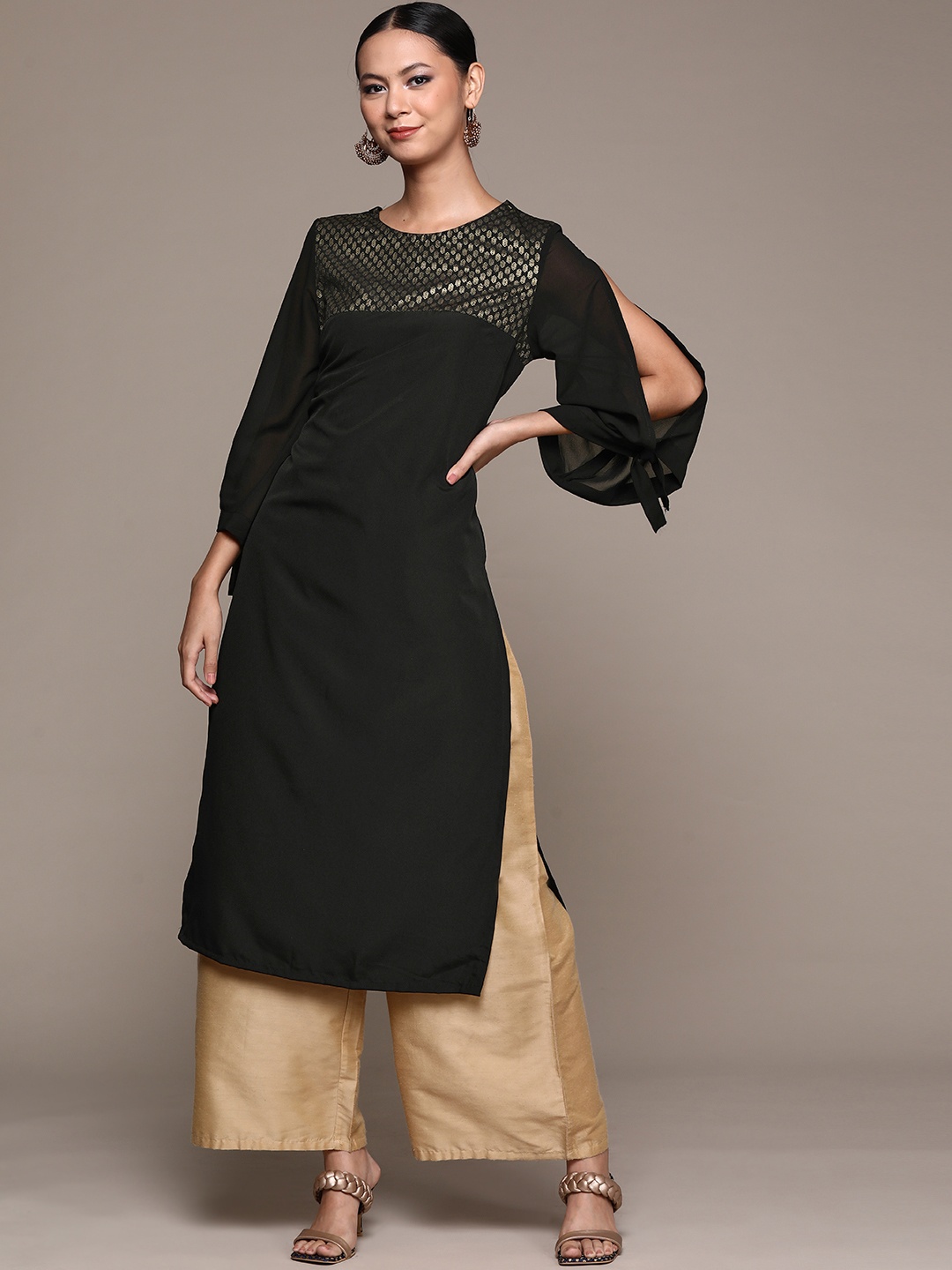 

ZIYAA Women Black Ethnic Motifs Yoke Design Crepe Kurta