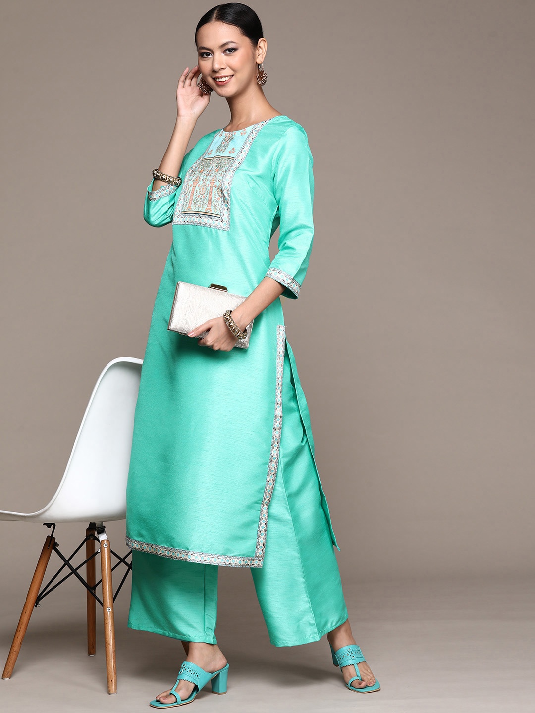 

ZIYAA Women Turquoise Blue Ethnic Motifs Yoke Design Kurta with Palazzos