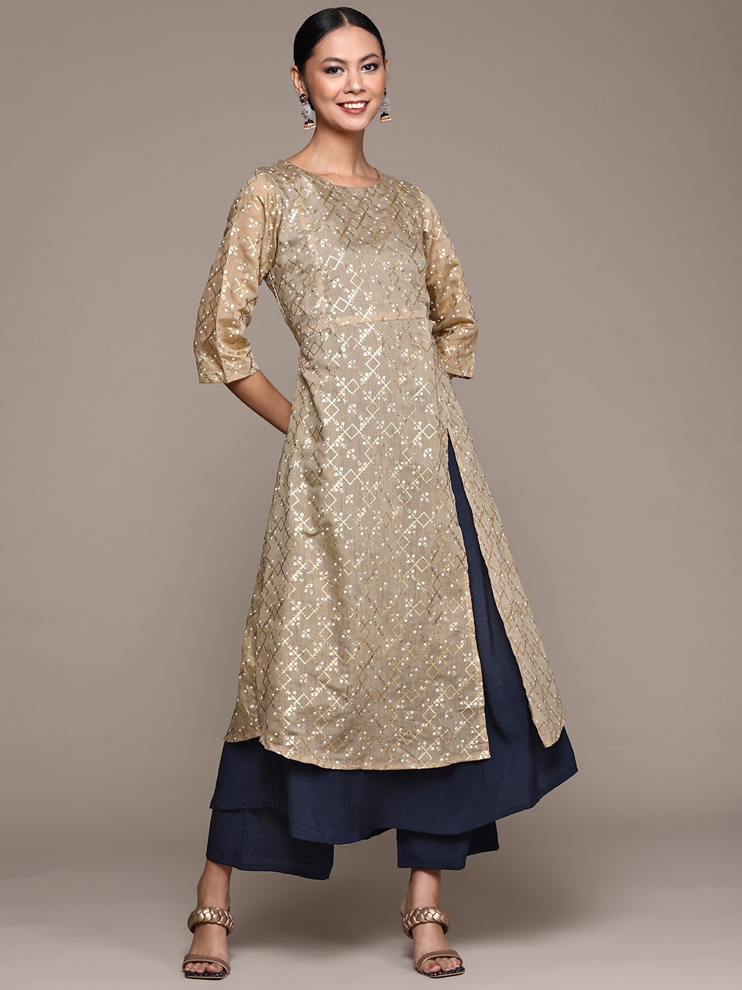 

ZIYAA Women Beige Printed Kurta with Palazzos