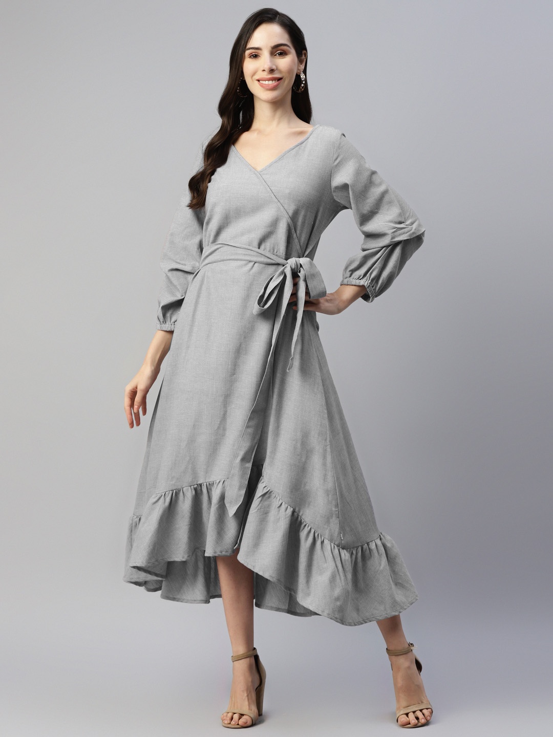 

FABNEST Grey Midi Flounce Hem Dress