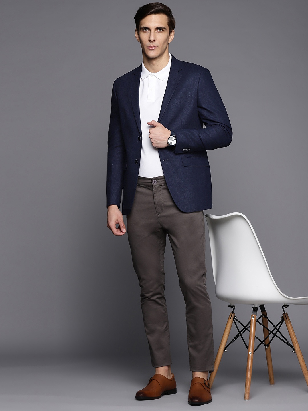 

Peter England Elite Men Navy Blue Linen Single-Breasted Slim-Fit Formal Blazer